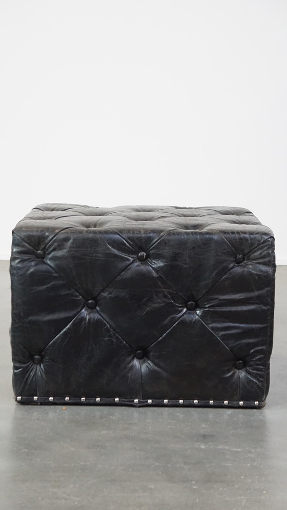 Image 1 of Large Black Square Chesterfield Hocker