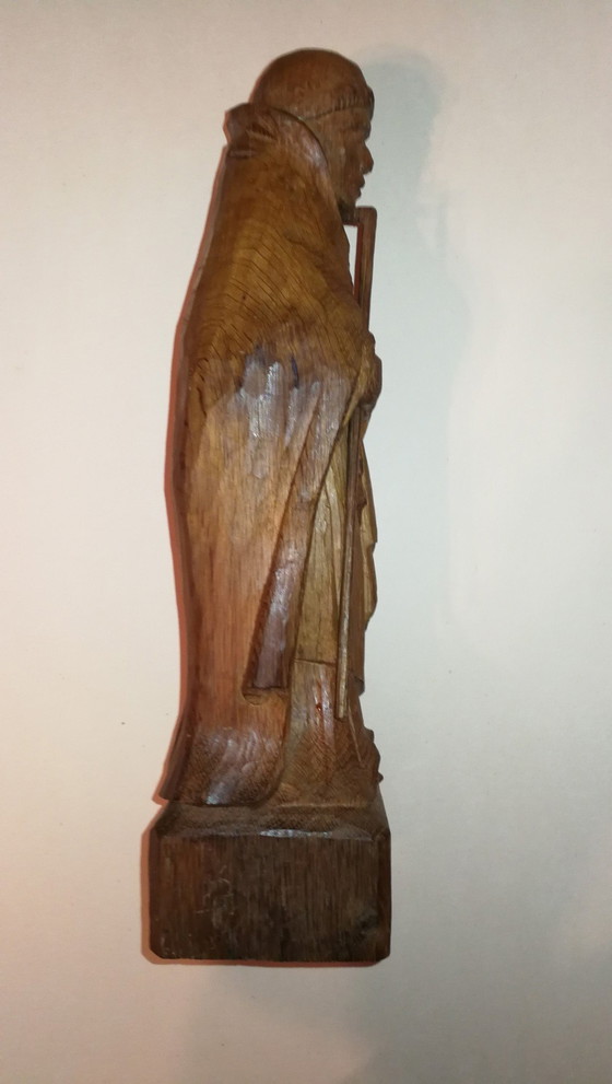 Image 1 of Statuetta antica vintage in legno massello intagliato dell'abate St Méen / anni '50