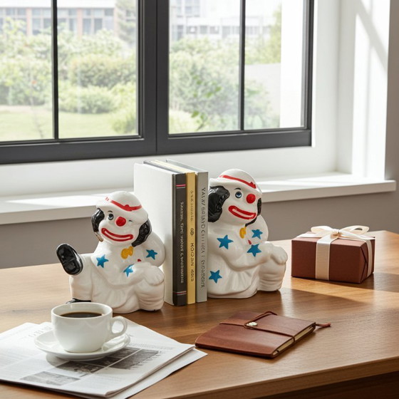 Image 1 of Paire de serre-livres vintage en céramique représentant des clowns