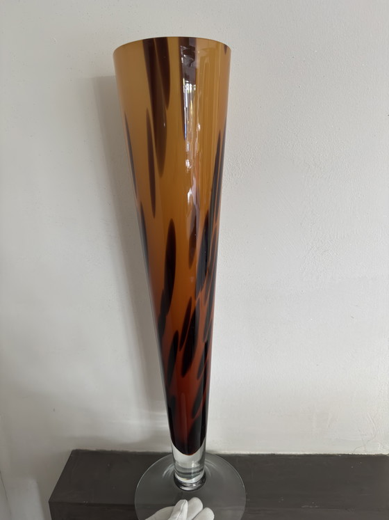 Image 1 of XL Murano Glass Vase – Firework Design in Amber & Brown – 55cm