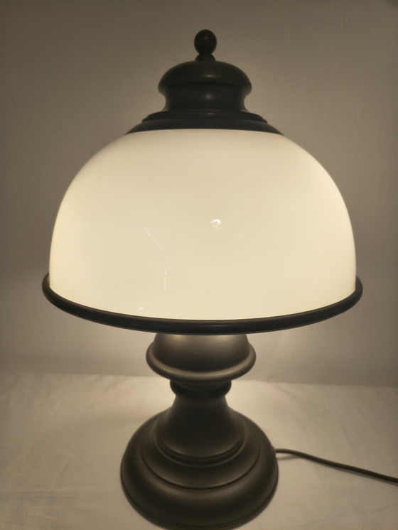 Image 1 of Vintage mushroom tafellamp – opaalglas koepel – messing voet – 55 cm