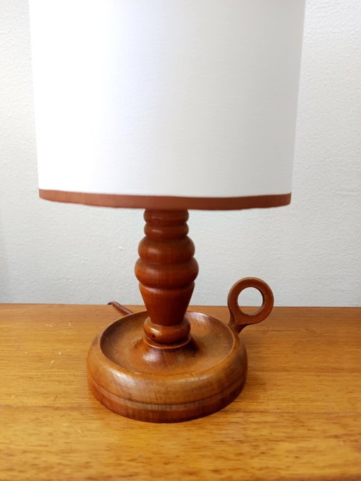 Vintage wooden lamp with white imitation leather shade