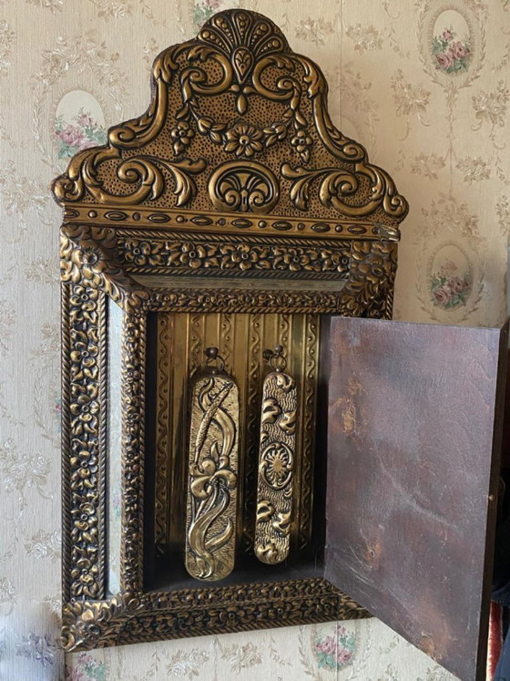 Image 1 of Antique hall brush cabinet with mirror – repoussé brass