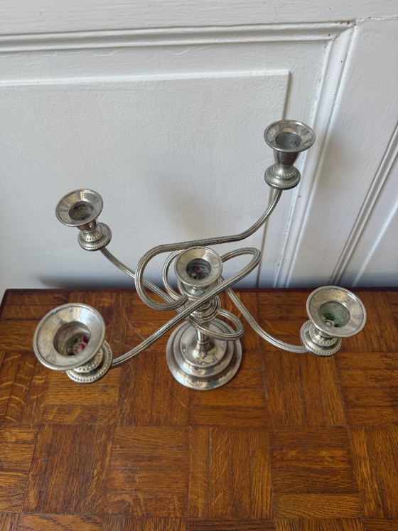 Image 1 of Lámpara de araña de metal plateado, fabricada en Inglaterra, 4 brazos, 5 orificios