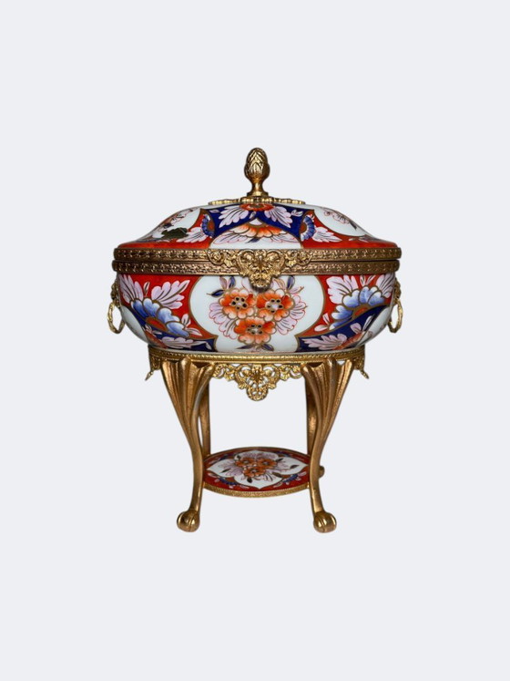 Image 1 of Limoges Porcelain Pair of Vases and Trinket Box - French Floral Imari Style Porcelain and Gilt Brass Mantel Centerpiece