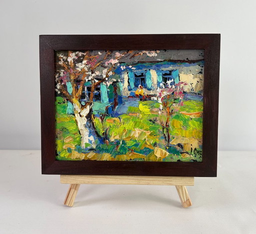 Original Oil Painting Summer House Landscape Silence and sun in the yard