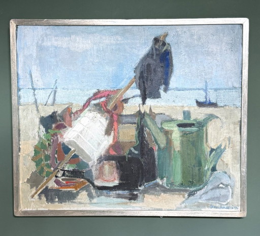 Composition abstraite moderniste, huile sur toile « Nature morte au pêcheur » d'Elisabeth Brunnström (1908-1988)