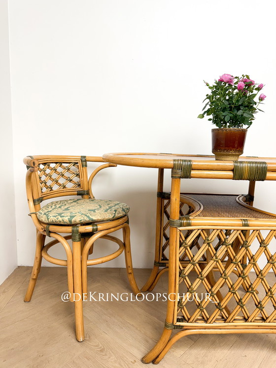 Image 1 of Vintage rotan bamboe bistroset, balkonset, tafel en twee stoelen
