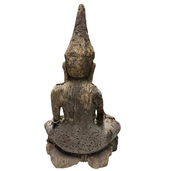 Estatua antigua de Buda Shan de madera – Birmania/Myanmar – Siglos XVIII/XIX – con antiguo sello de (photo 6 of 10)