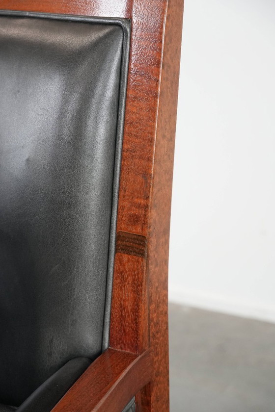 Image 1 of Zwarte Art Deco rundleren en houten Schuitema design fauteuil uit de Decoforma serie met een hoge rug