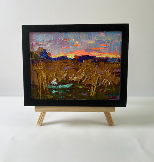 Original Oil Painting Autumn Sunset Landscape Evening on the River