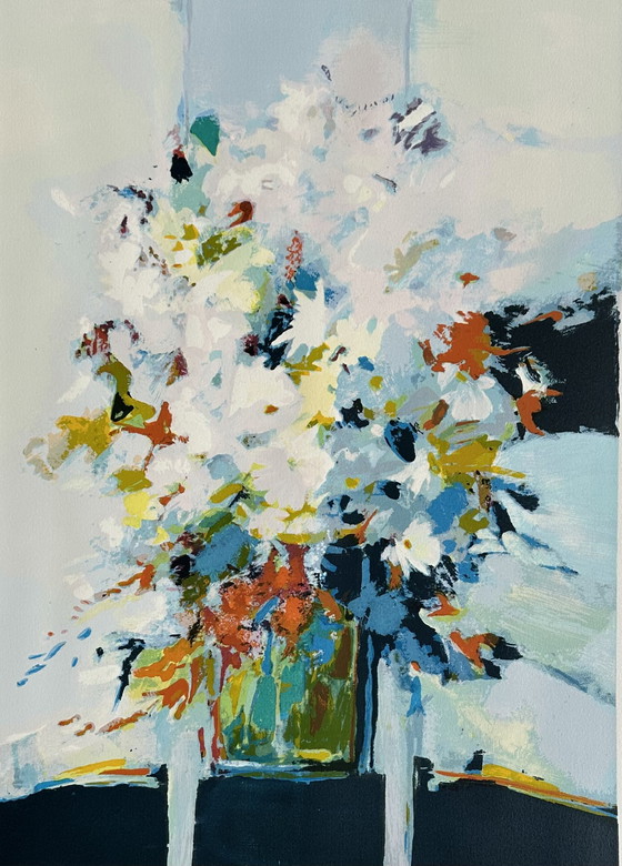 Image 1 of Zeefdruk Wynand Thönissen - Bloemen in groene vaas - Handgesigneerd