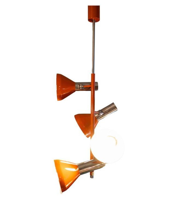 Vintage Space Age Verstelbare Hanglamp met 4 Spots in Verchroomd Staal & Oranje Lak, jaren 70 – Hanglampen (photo 11 of 12)