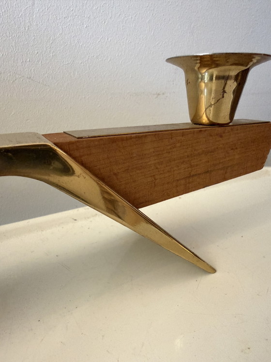Image 1 of Brutalistische kandelaar teak en messing