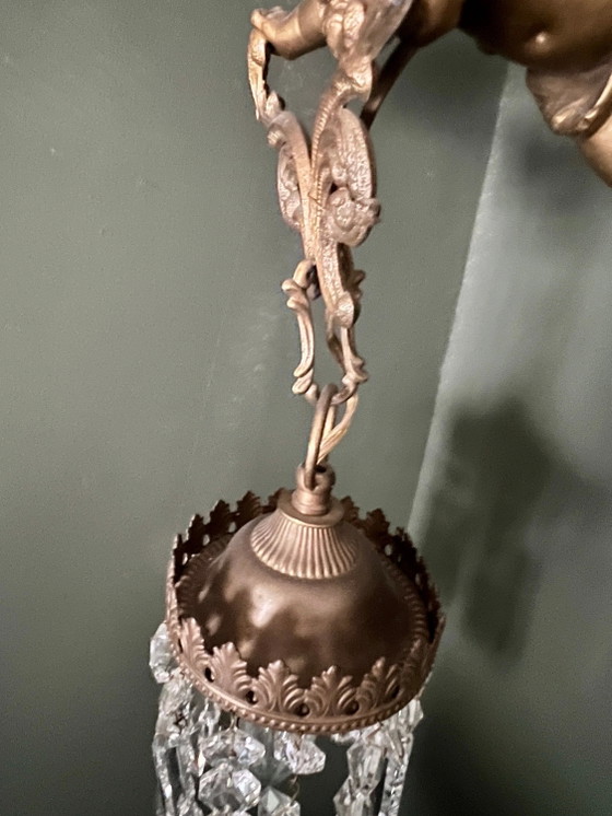 Originele Art Nouveau Lamp met vliegende bronzen cherubijn en kristalglas, circa 1915. Vintage Bronzen Engel (photo 9 of 10)