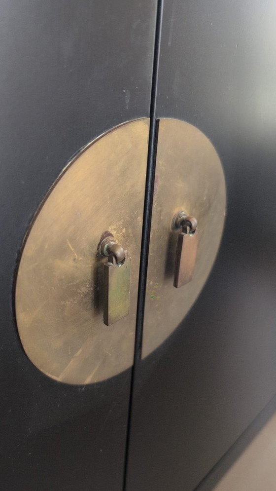 Image 1 of Maison Jansen, credenza vintage, lacca nera, ottone e marmo, anni '70