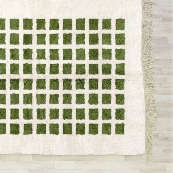 Image 1 of Handgewebter grüner karierter Wollteppich: 3 x 2 Meter
