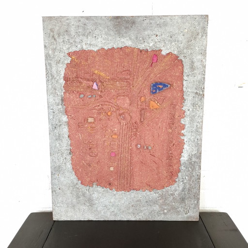 Tablette d'argile abstraite de Christophe Liron avec papier cuir, œuvre murale abstraite