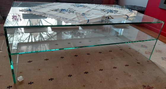 Image 1 of Tavolino da caffè in vetro trasparente con acciaio inossidabile al centro