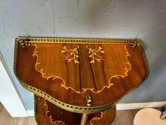 Console Murale Demi Lune, Table en Bois Incrusté Laiton Années 50, Doré, 1950 (photo 2 sur 7)