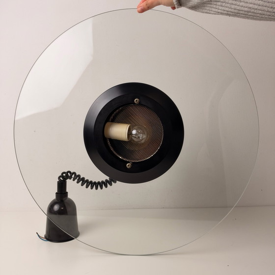 Vintage mid century UFO-Pendant lamp, round glass disc, Aluminium, Black (photo 6 of 11)