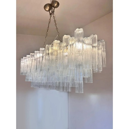 Lámpara de araña rectangular de lujo de cristal Murano Tronchi con acabado bruñido.