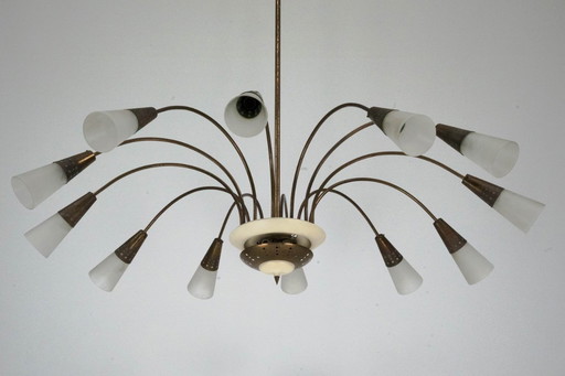 Large Italian Mid-Century Sputnik Brass Chandelier with Satin Glass, 1950s