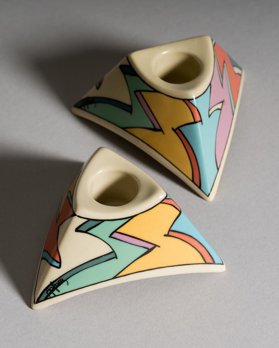 Image 1 of Dorothy Hafner for Rosenthal, “Flash” Vase Duo with Matching Candleholder Pair, Germany, 1980s