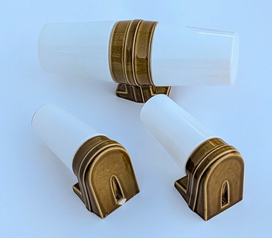 Image 1 of Mid-Century Matching Set of 3 Ochre Porcelain Wall Sconces (Models 6065 & 6080) by Sigvard Bernadotte for Ifö – 1960s