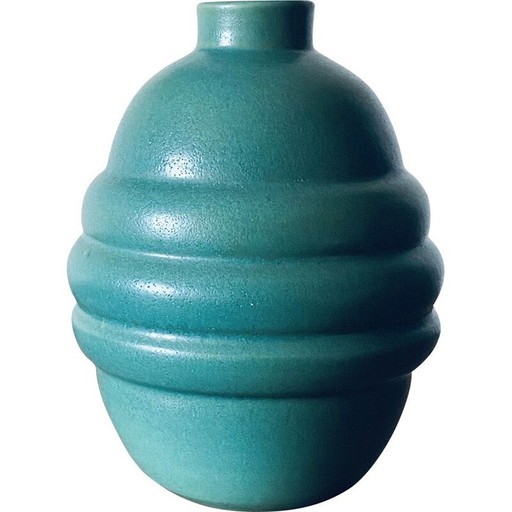 Vase art déco vintage en faïence turquoise, France 1940