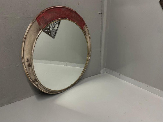 Image 1 of Vintage Round Mirror Distressed Painted Frame 1970s Europe
