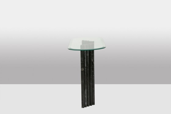 Image 1 of Pair of marble and glass top console tables. 1980s.