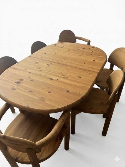 Attribué à Rainer Daumiller – Ensemble de salle à manger de design scandinave (années 1970) – table et 6 chaises en bois massif