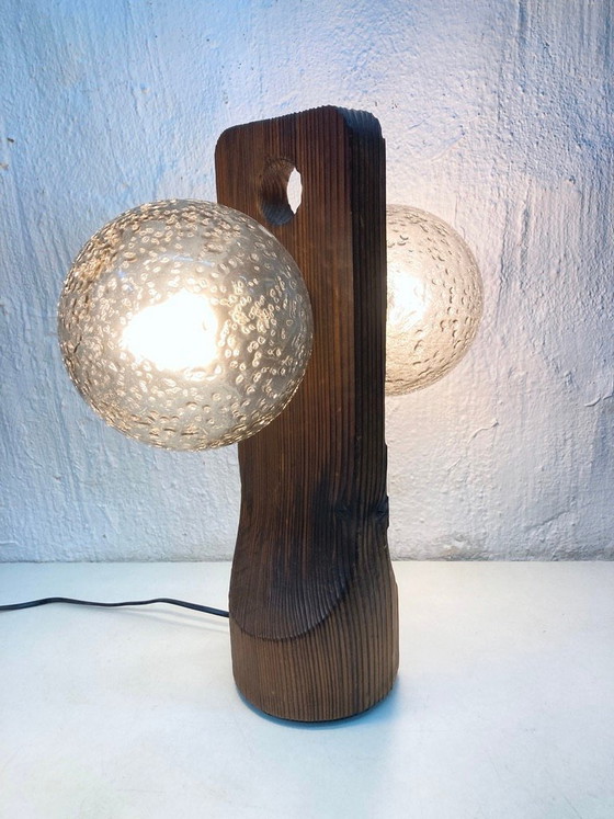 Image 1 of Tischleuchte von Temde aus Holz und Glas zweiflammig 70er brutalistischer Stil