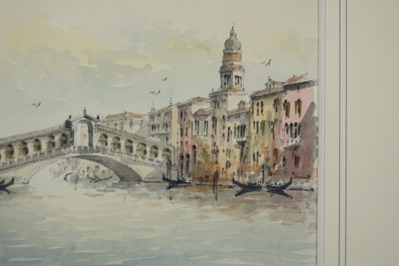 Image 1 of The Rialto Bridge, Venice - Signed and dated watercolor drawing, 1990, framed