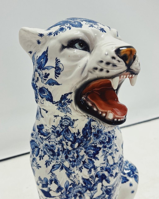 Sculpture de tigre en céramique - Bleu de Delft