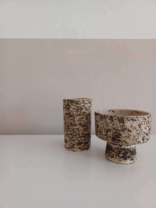 2x Vintage ('50s) écorce de bouleau, céramique hollandaise. Bol et vase. Duo unique. Style Pieter Groeneveldt.