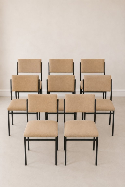 Set of 8 Pastoe SM07 dining chairs / Cees Braakman / 1960s / original upholstery / black steel frame
