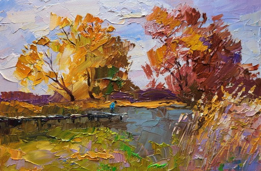 Original Oil Painting Nature Landscape On The Autumn River – schilderijen tekeningen, Canvas