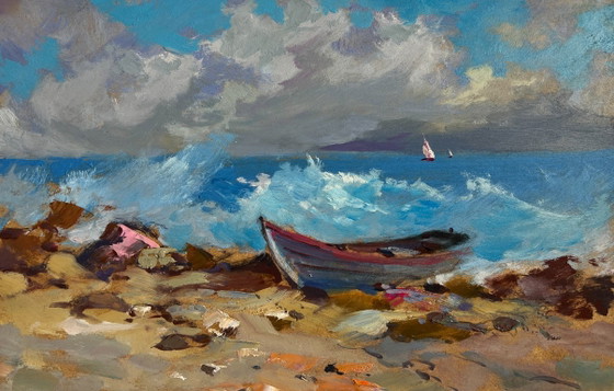 Image 1 of Original Oil Painting Sea Coastal Landscape Raging sea waves