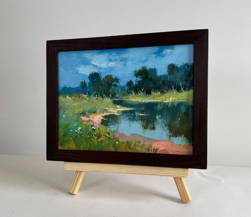 Original Oil Painting Summer River Landscape Reflection of green forest
