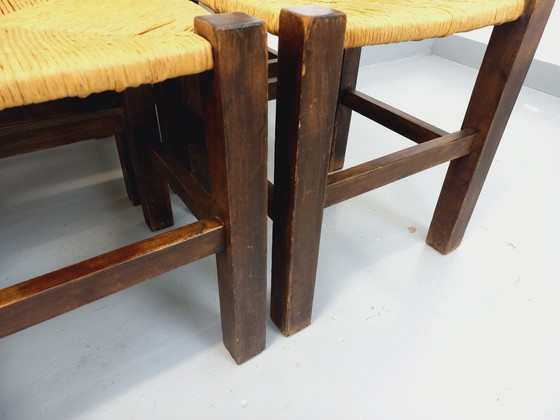 Image 1 of Set of 6 vintage brutalist chairs in solid oak and straw from the 60s