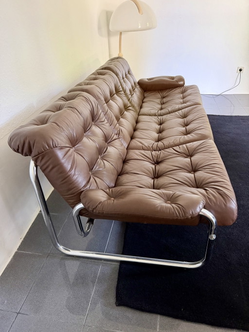 Ikea Borkum 3-zits fauteuil, origineel vintage uit de jaren 70, leer en chroom.