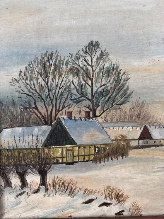 Image 1 of Vintage Original Cottage Oil Painting: Framed Winter Landscape Art
