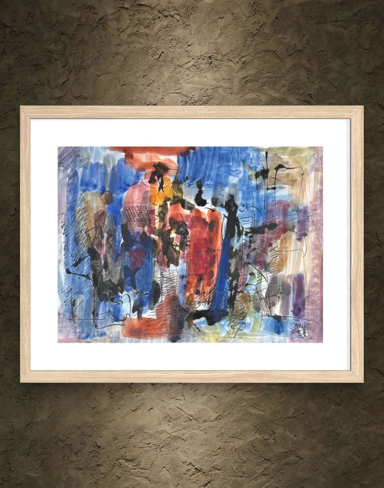 Image 1 of Prachtig abstract schilderij uit 1975 - René Mels, groot Belgisch kunstenaar - Ingelijst