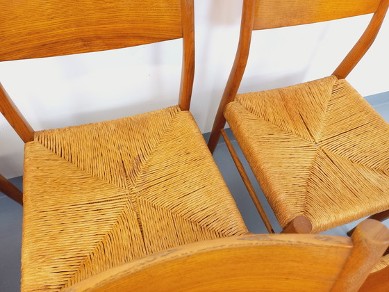 Image 1 of Suite de 6 chaises vintage italiennes en teck et corde danoise Gessef Consorzio Sedie Friuli