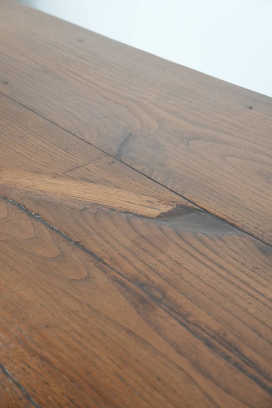 Image 1 of Antique French oak farmhouse dining table for 6 to 8 people with three drawers
