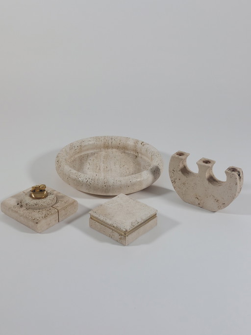 Tovaglietta vintage di design di metà secolo, portafrutta, posacenere, candeliere, scatola, travertino, Italia