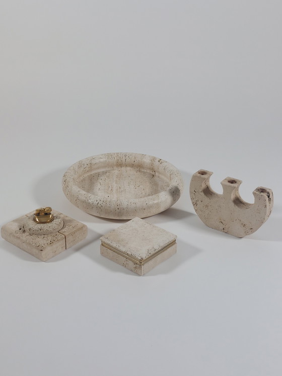 Image 1 of Tovaglietta vintage di design di metà secolo, portafrutta, posacenere, candeliere, scatola, travertino, Italia