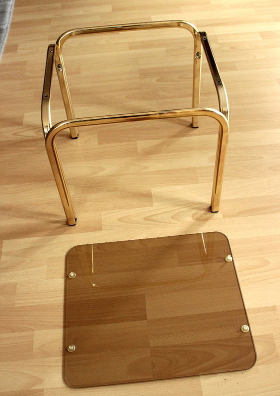 Image 1 of Small side table, brass/smoked glass top, Space Age